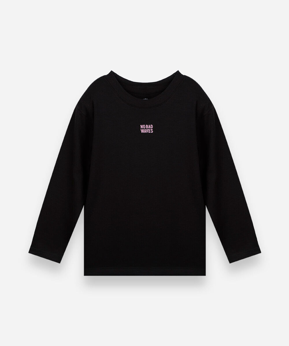 camiseta infantil estampada com manga longa preto