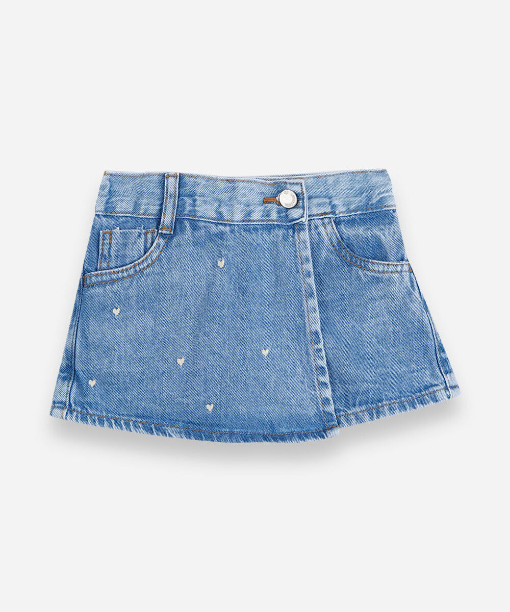 short saia infantil jeans bordado azul