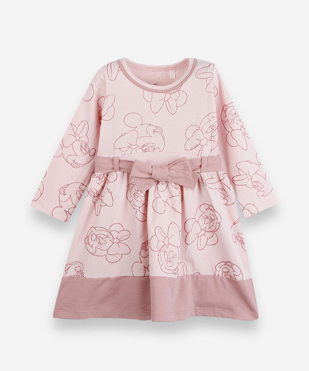 vestido infantil de algodão manga longa minnie rosa