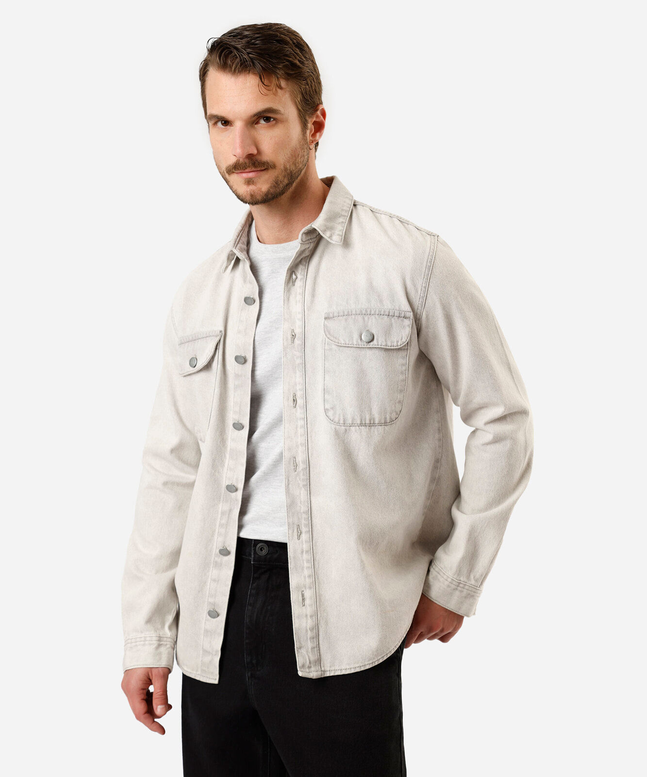 camisa masculina jeans manga longa cinza