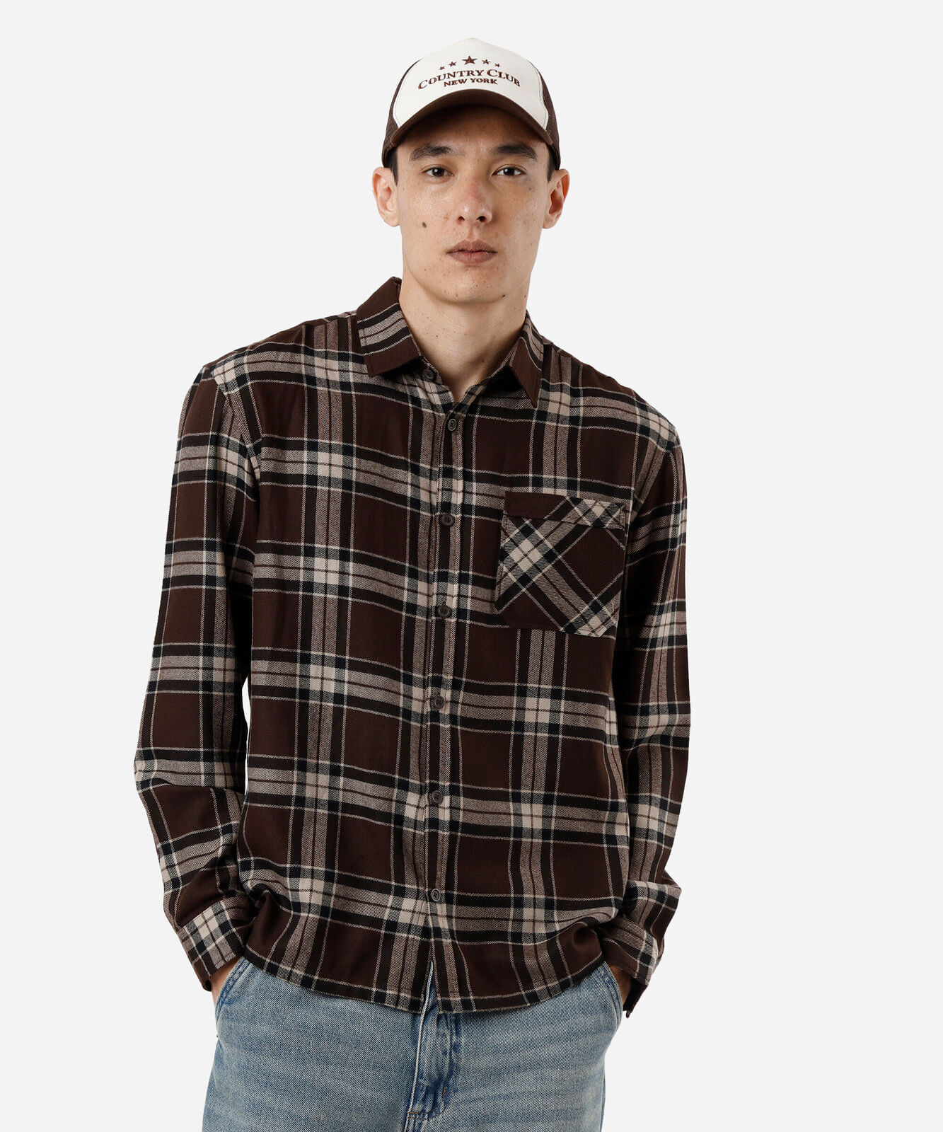 camisa masculina xadrez com mangas longas marrom