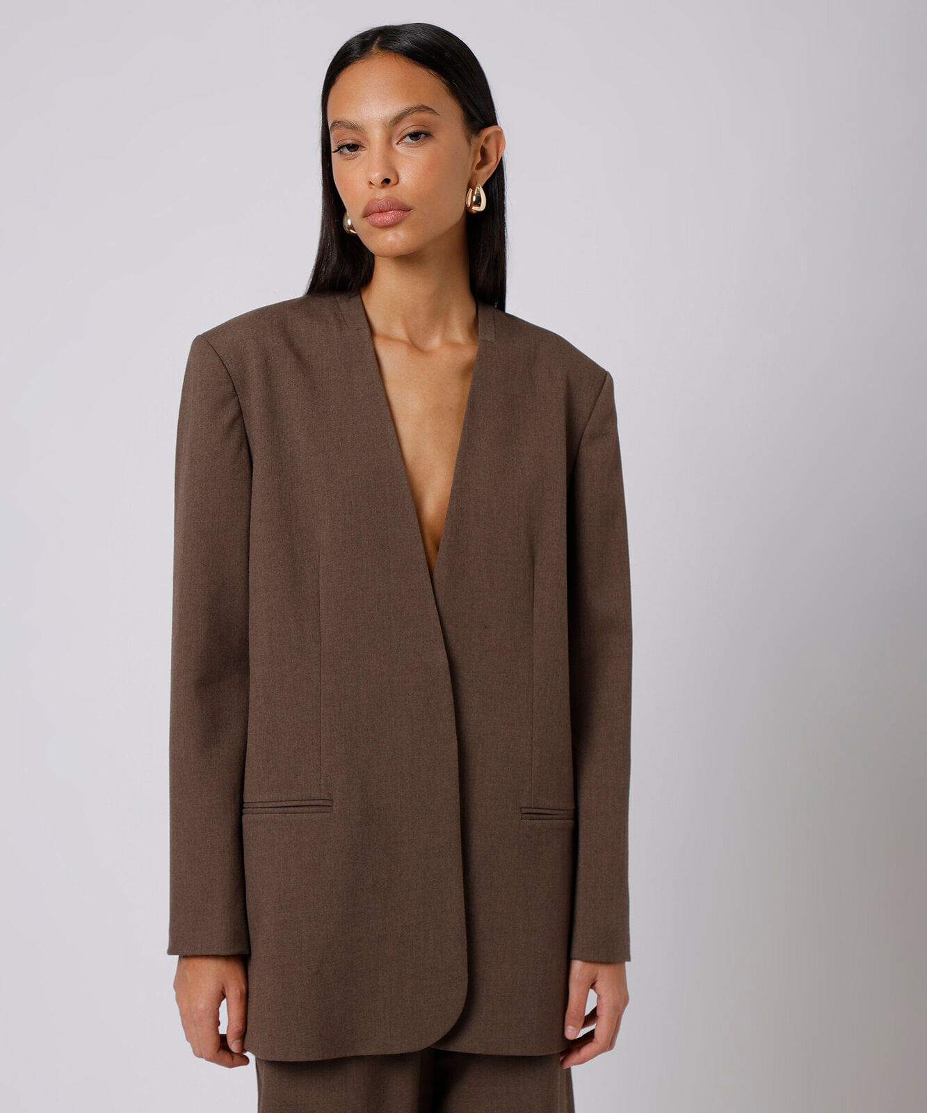 blazer de alfaiataria feminino sem lapela mindset marrom