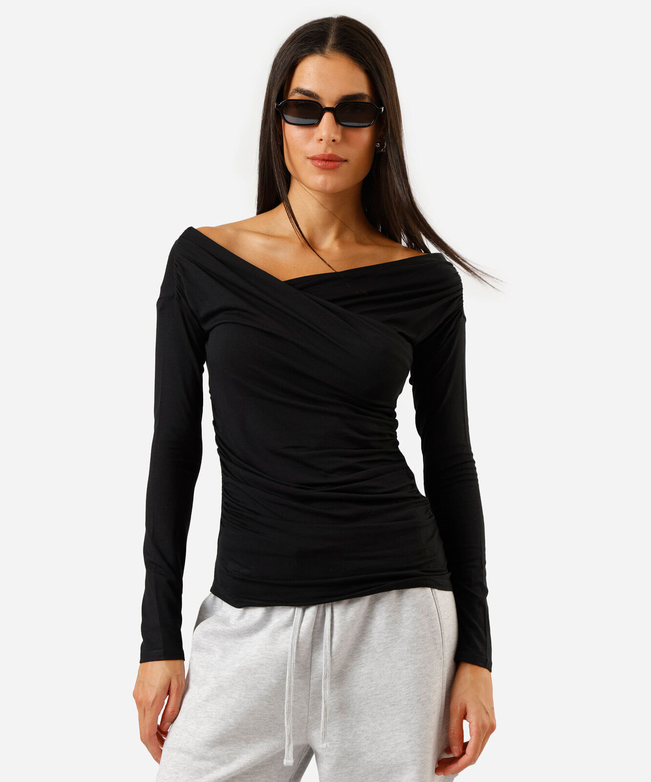 blusa feminina transpassada manga longa preta