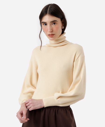 suéter cropped feminino de tricot manga bufante canelado bege M