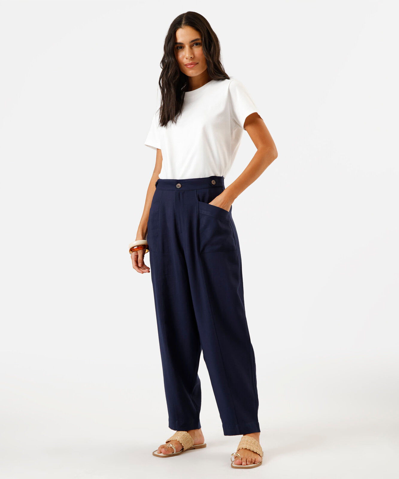 calça barrel feminina com botões azul