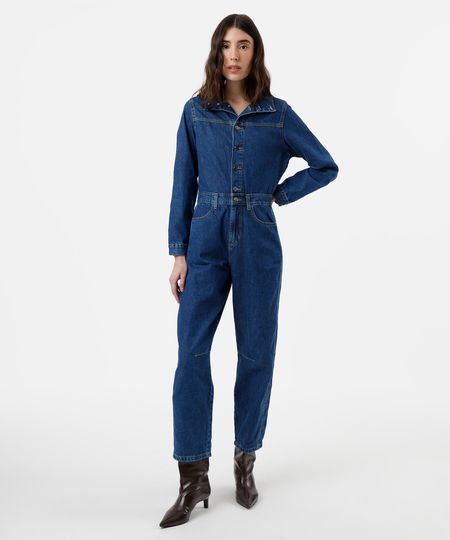 macacão feminino jeans manga longa gola funnel neck azul P
