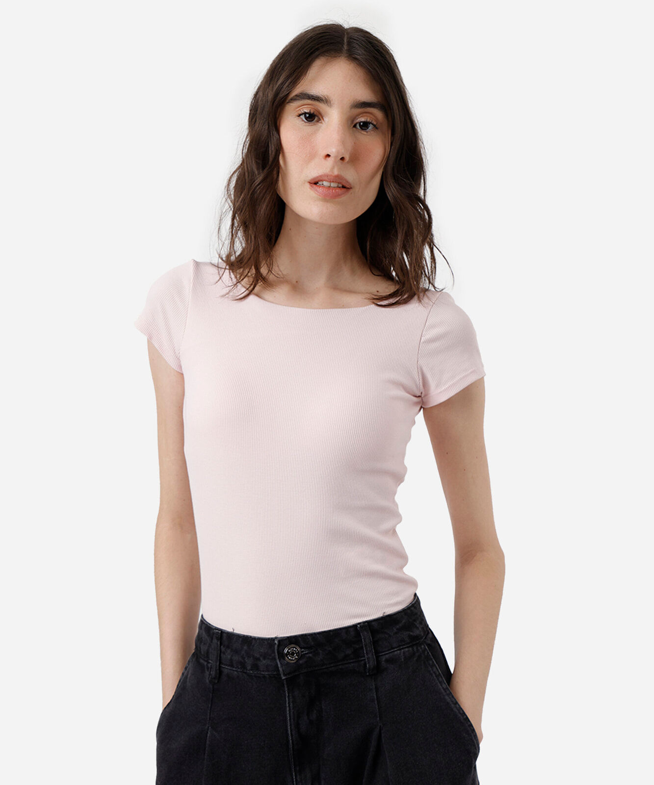 blusa feminina de algodão com bojo manga curta canelada rosa