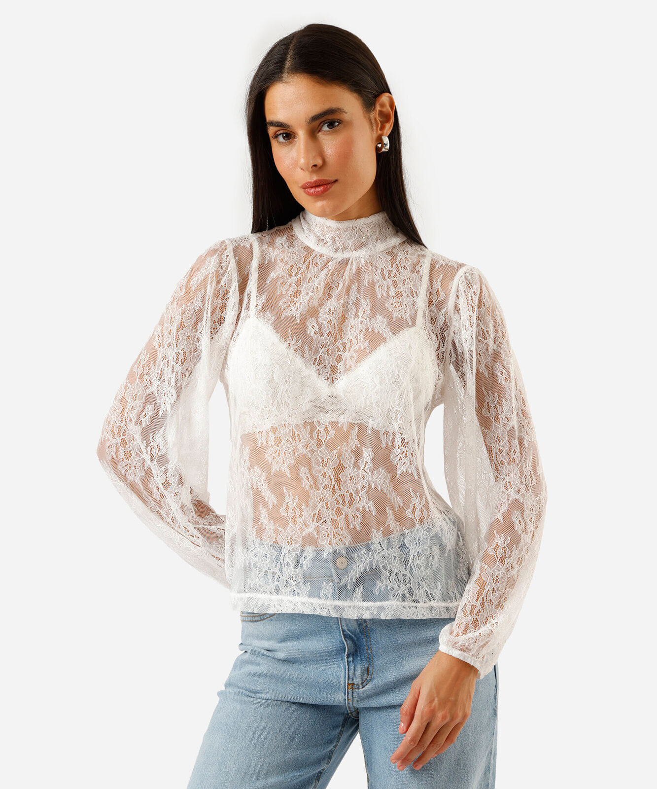 bata feminina de renda gola alta com amarração off white