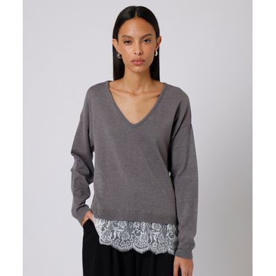 suéter feminino de tricot decote v com renda mindset cinza