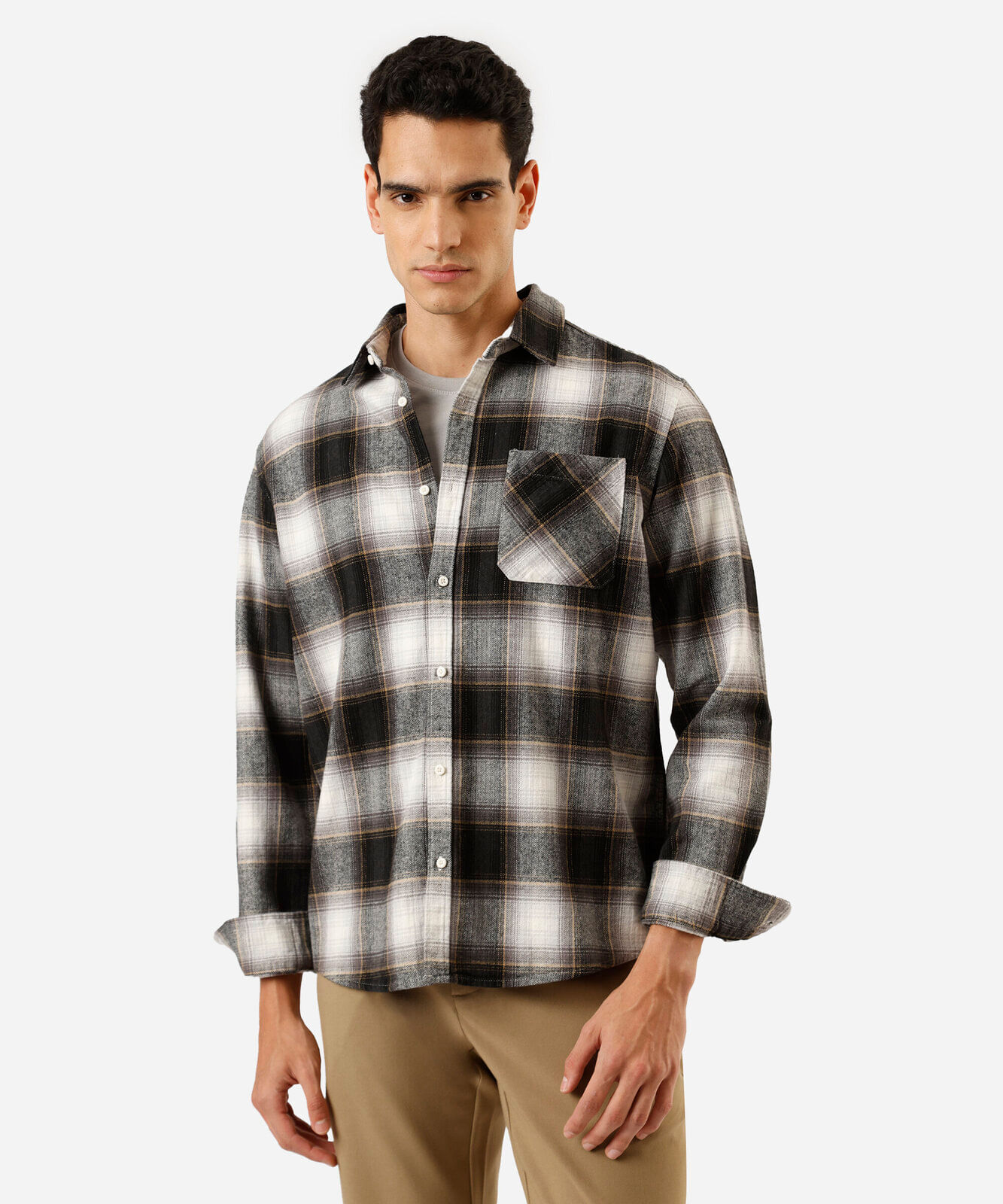camisa comfort masculina de algodão manga longa xadrez preta