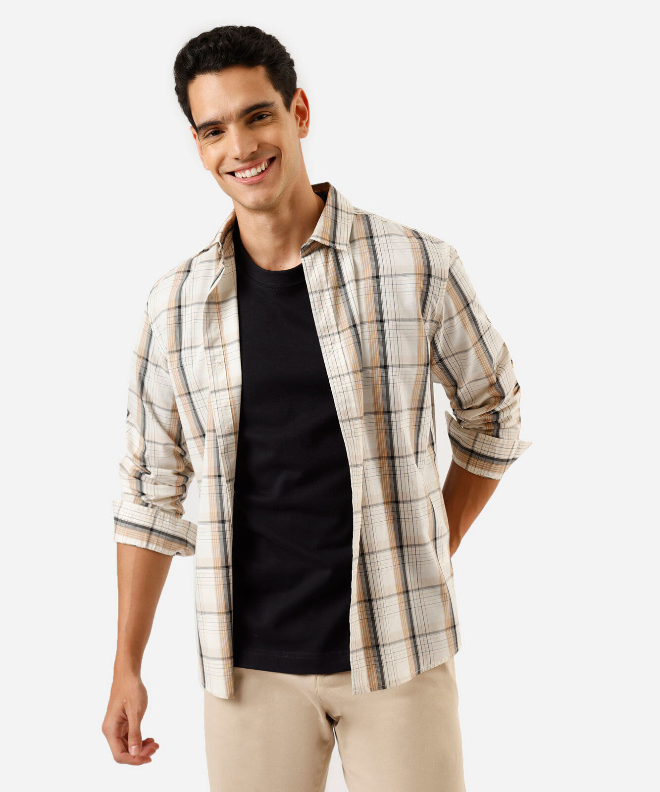 camisa masculina com algodão manga longa xadrez bege