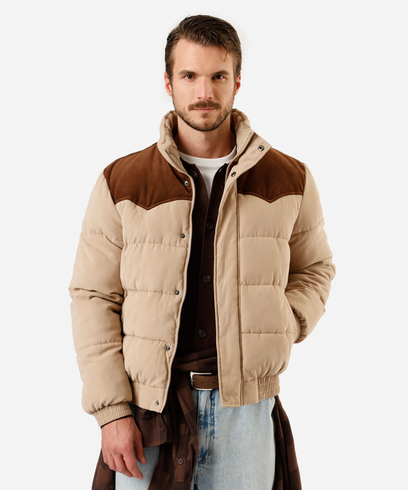 Jaqueta Masculina Casual com Gola Alta, Forro Xadrez, Casacos Zíper Frontal 26525 jaqueta puffer masculina gola alta com recorte bege