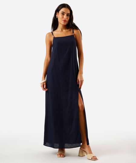 vestido longo alça fina feminino com linho e fenda azul M