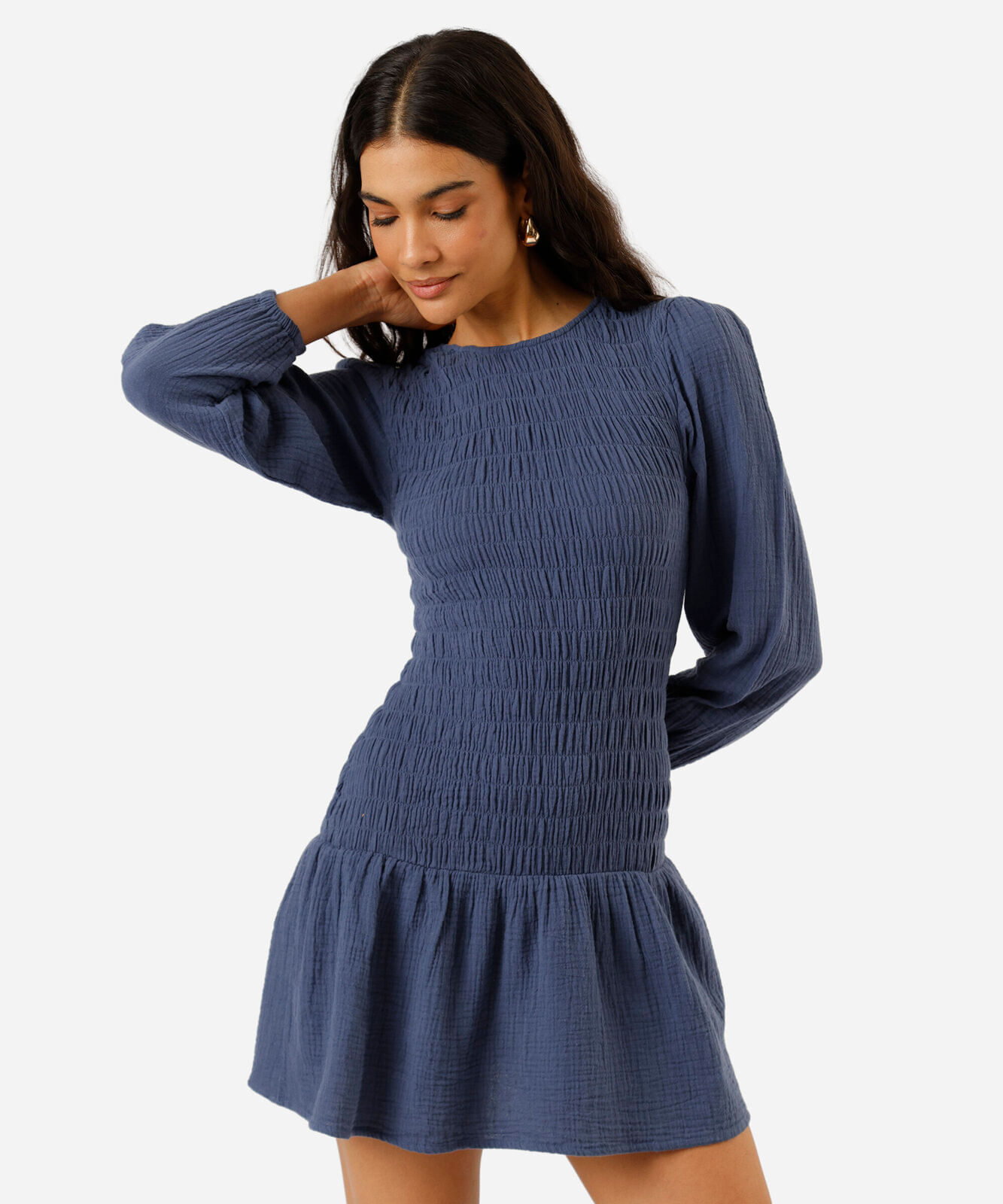 vestido curto feminino de algodão manga longa franzido azul