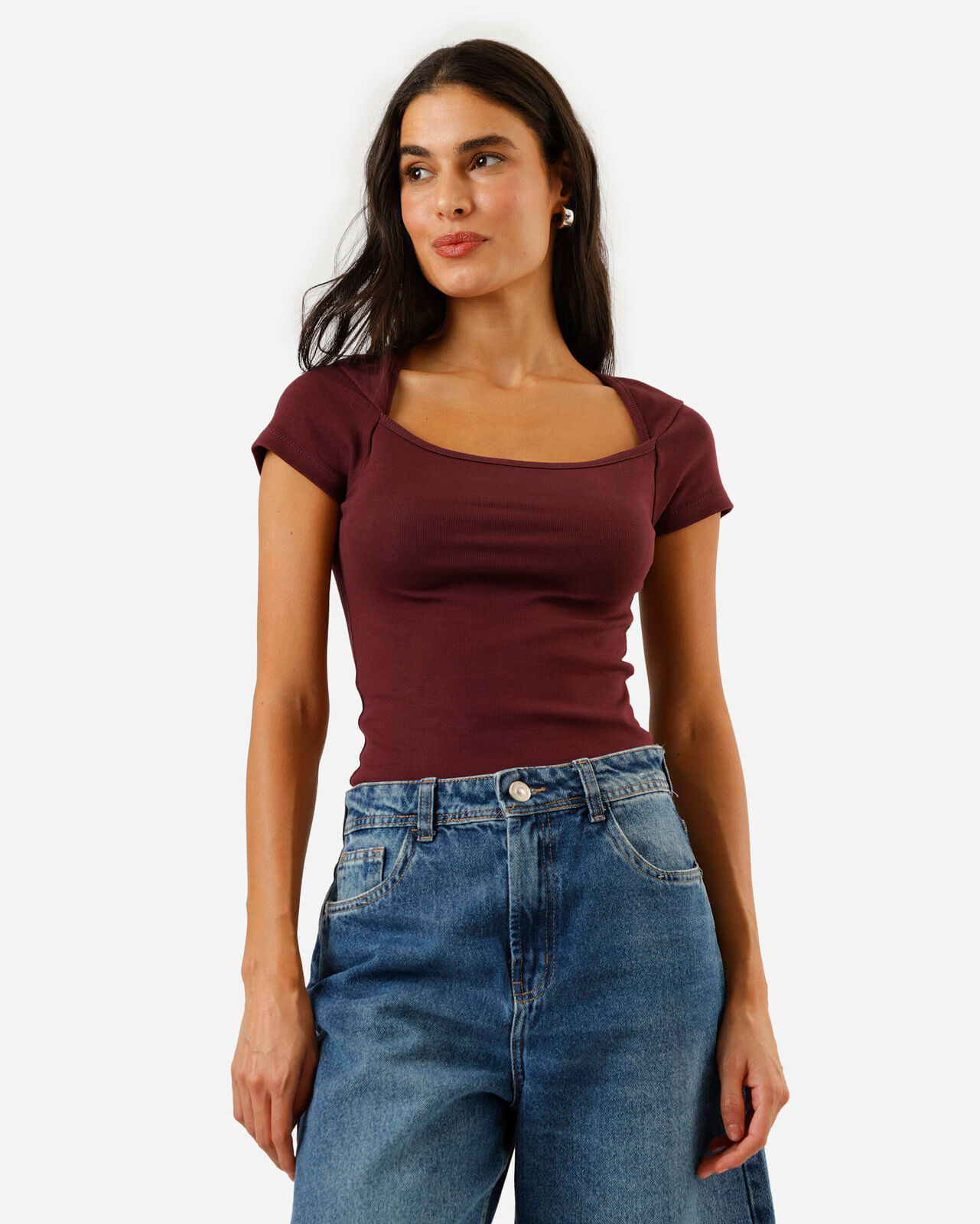 blusa baby look feminina de algodão decote quadrado vinho