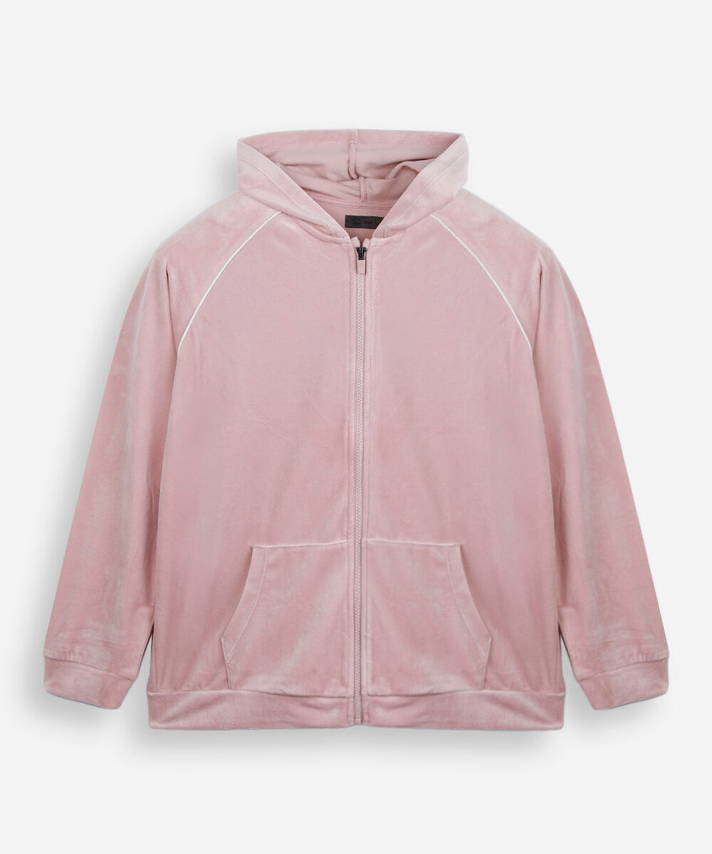 blusão boxy infantil de plush com capuz rosa