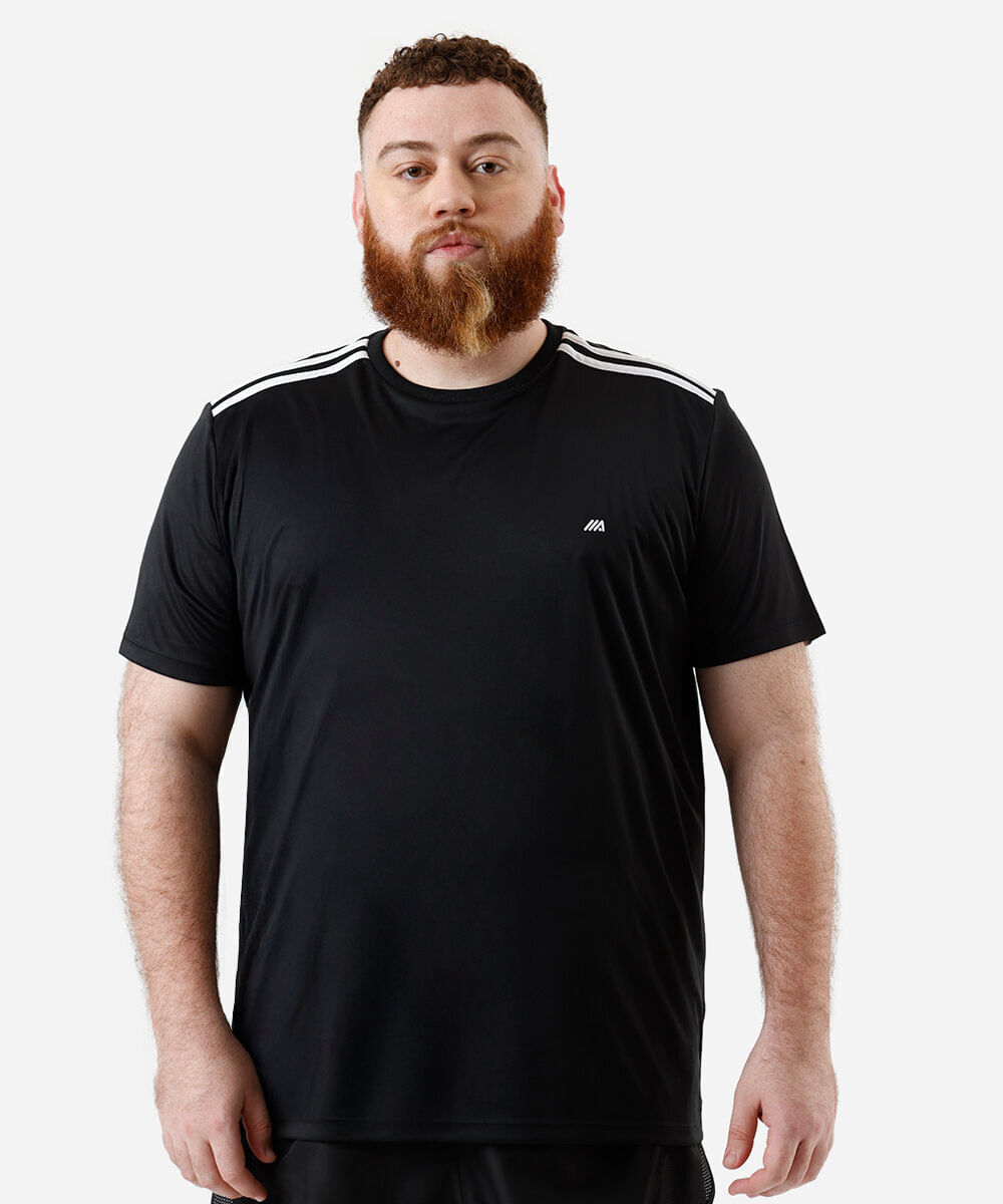 camiseta masculina esportiva com listras plus size preta