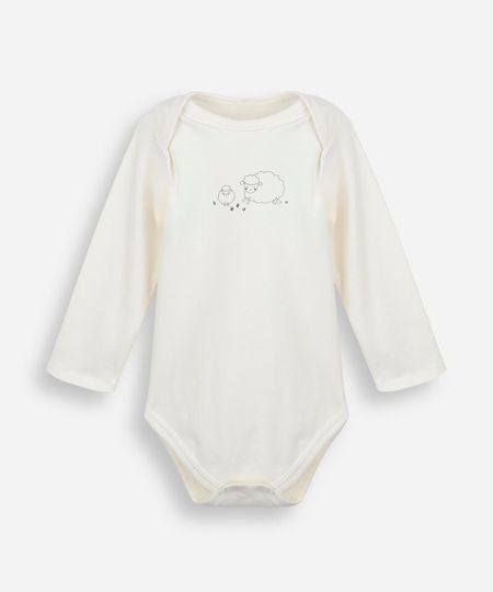 body infantil de algodão peruano estampado manga longa off white 18-24