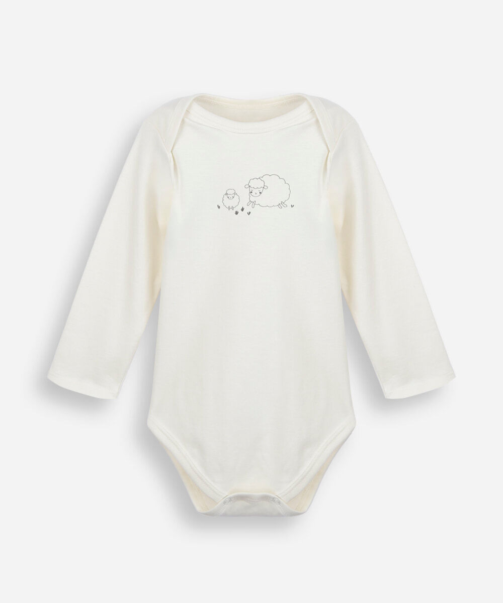 body infantil de algodão peruano estampado manga longa off white