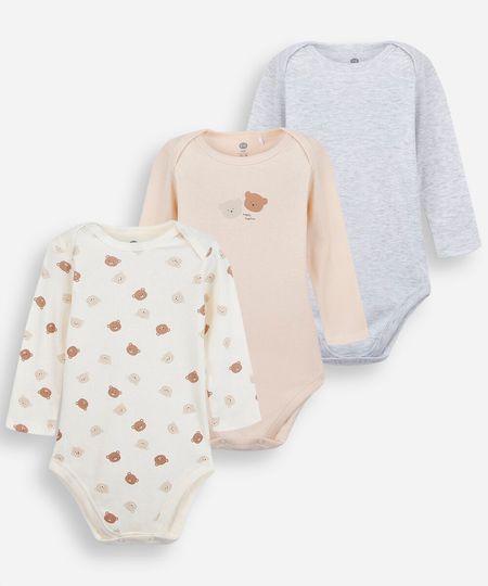 kit de 3 bodies infantil manga longa estampado colorido 3-6