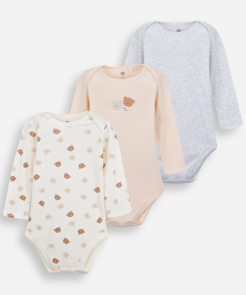 kit de 3 bodies infantil manga longa estampado colorido