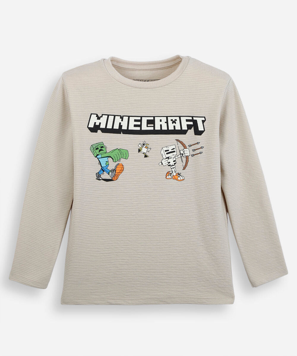camiseta infantil com algodão manga longa minecraft bege