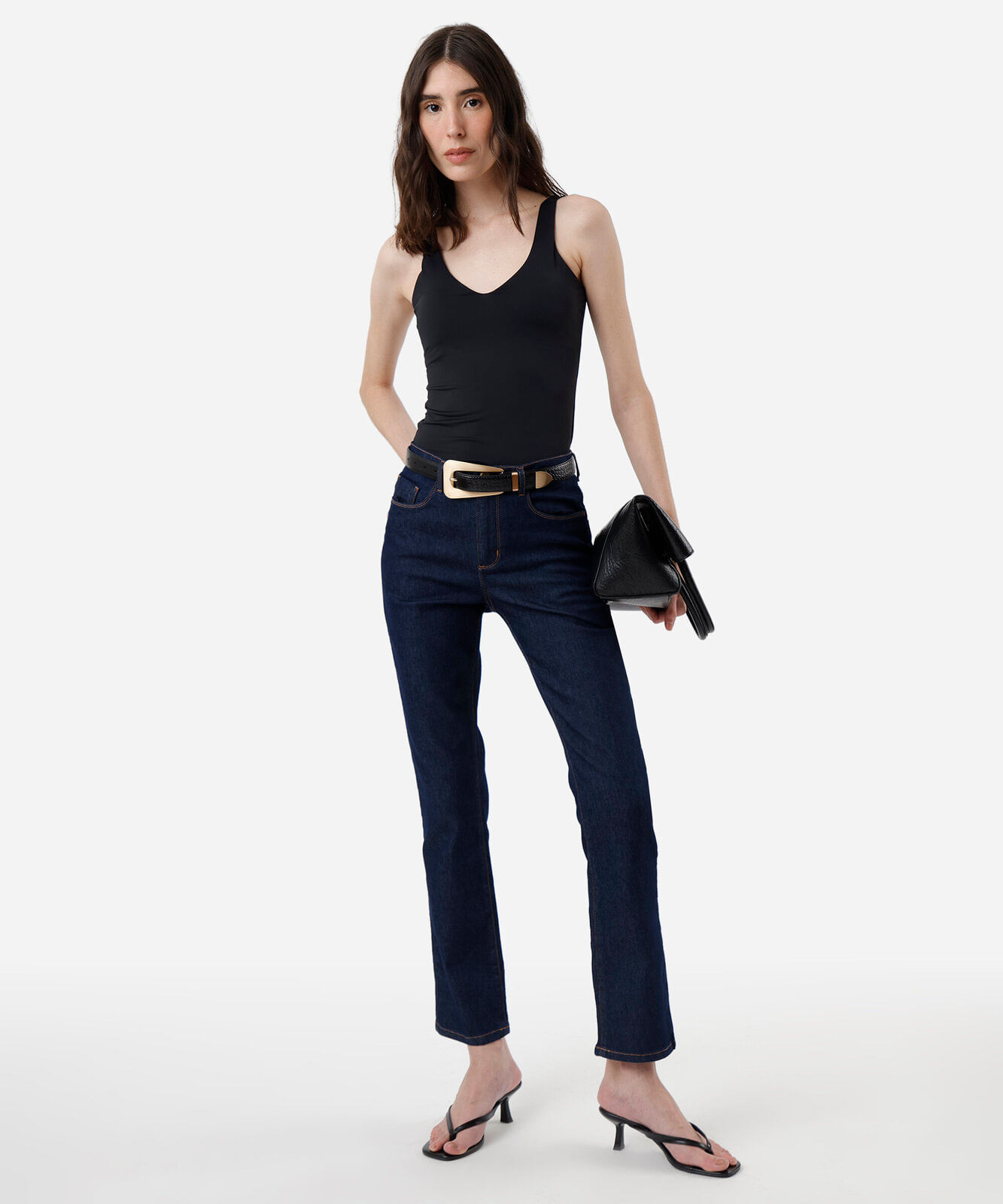 calça jeans básica reta cintura média azul escuro - jeans amaciado