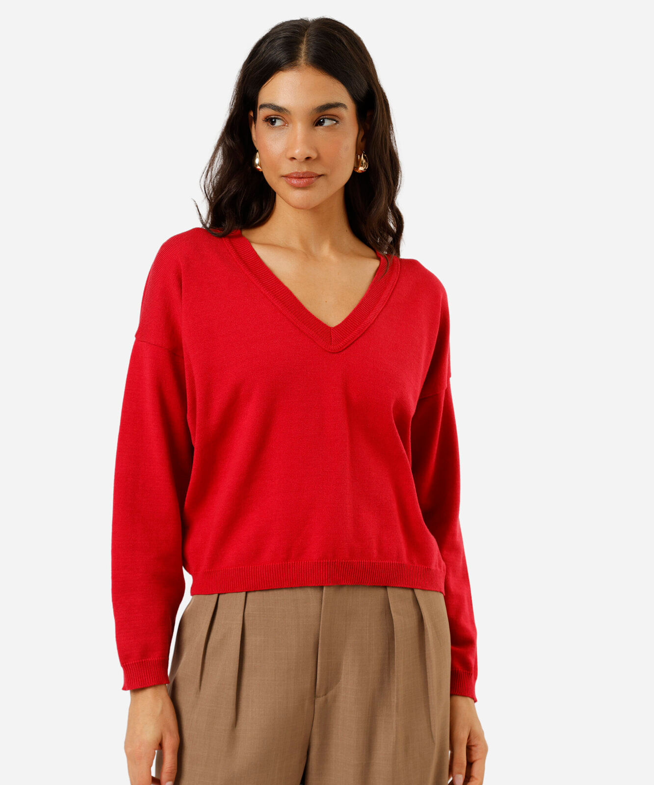 suéter feminino de tricot decote v vermelho