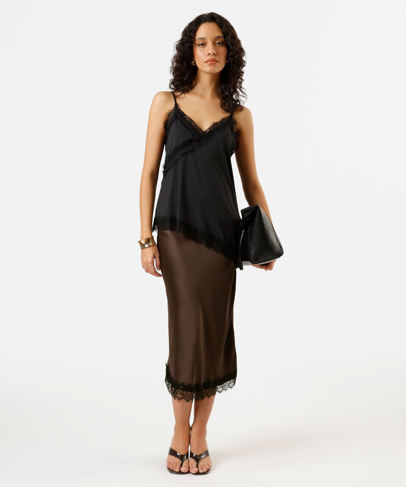 saia midi feminina com renda acetinada marrom