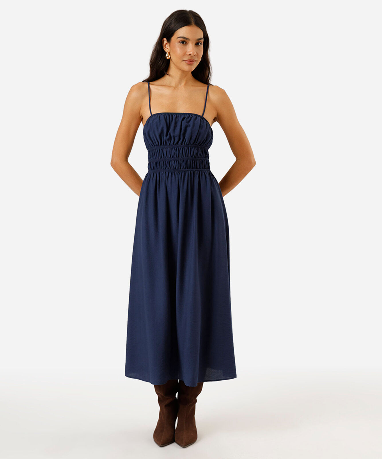 vestido midi alça fina feminino com viscose e franzidos azul