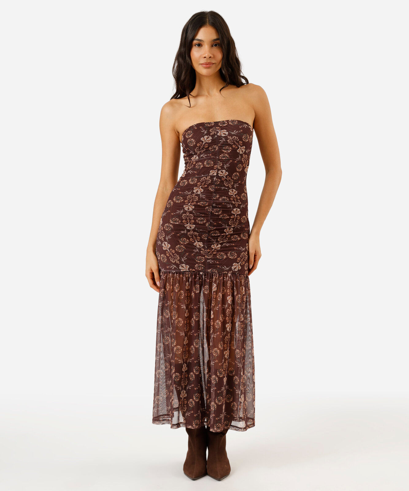 vestido midi sem alça feminino de tule franzido floral marrom
