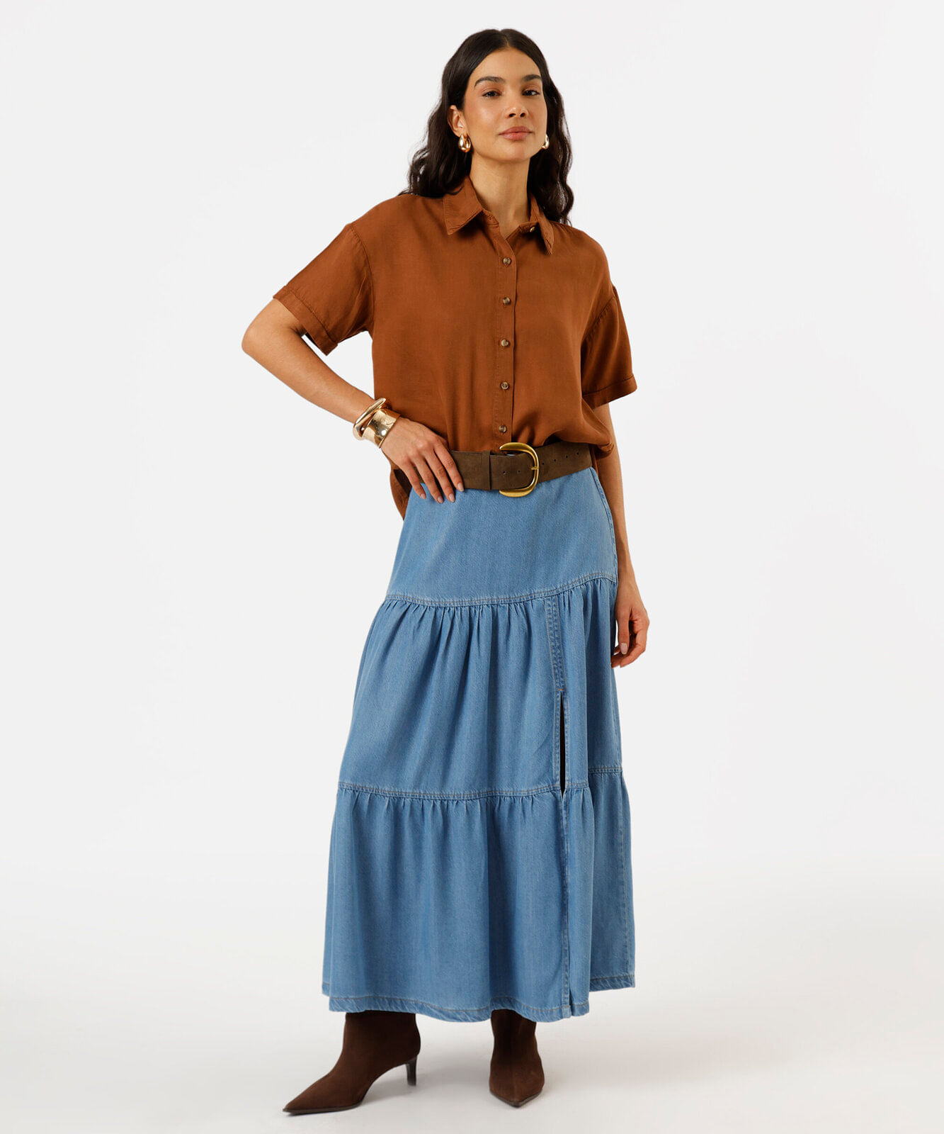 saia midi feminina jeans com recortes e fenda azul