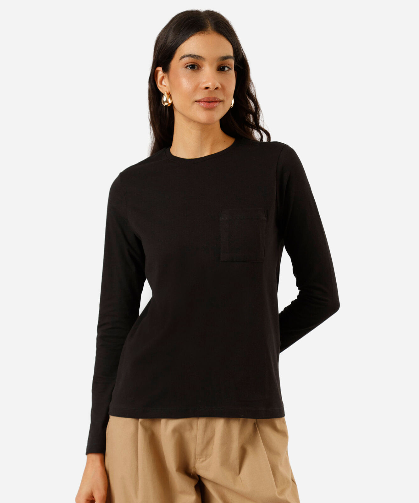 camiseta feminina de algodão com bolso manga longa preta