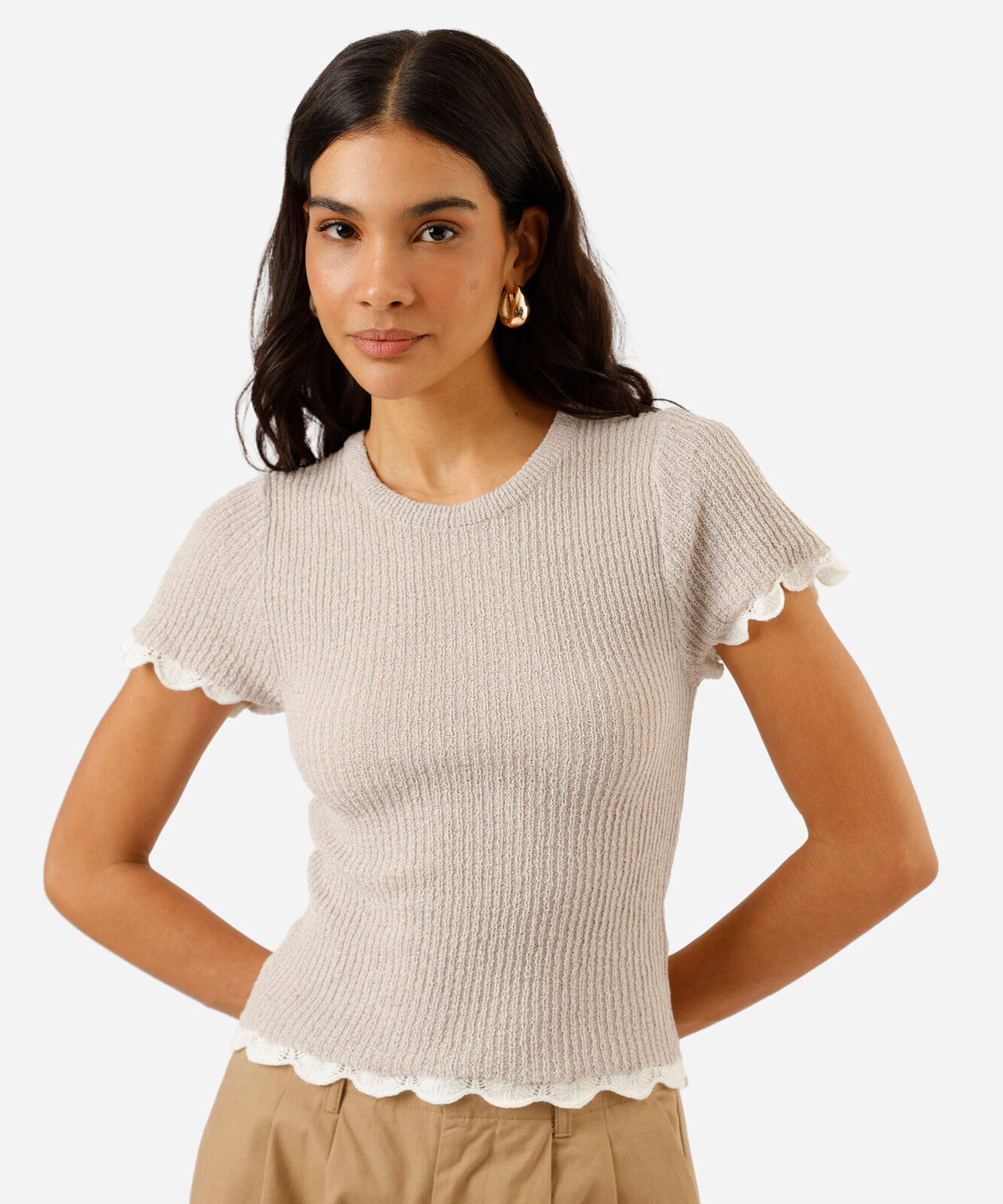 blusa feminina de tricot manga curta canelada cinza