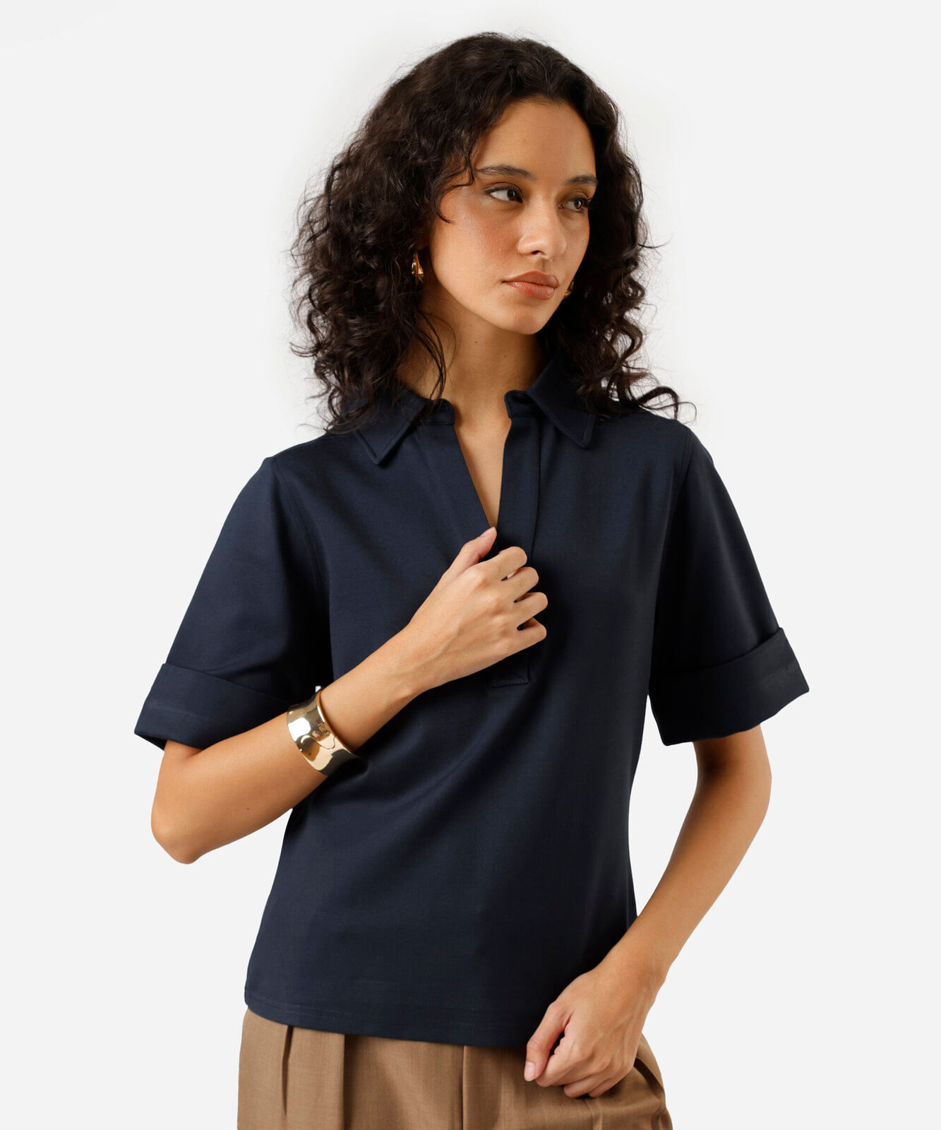 polo feminina com viscose manga curta azul