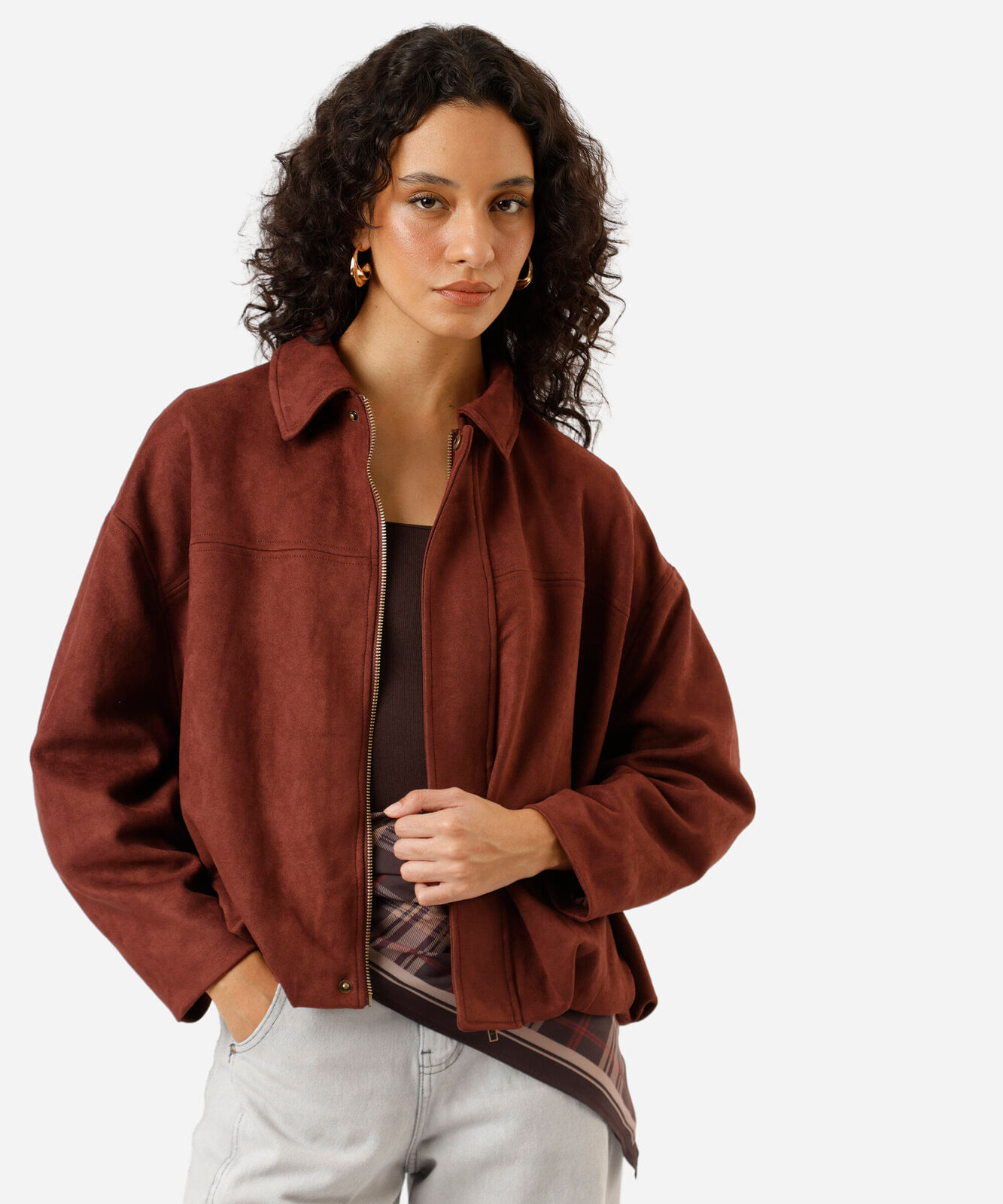 jaqueta balonê oversized feminina de suede marrom