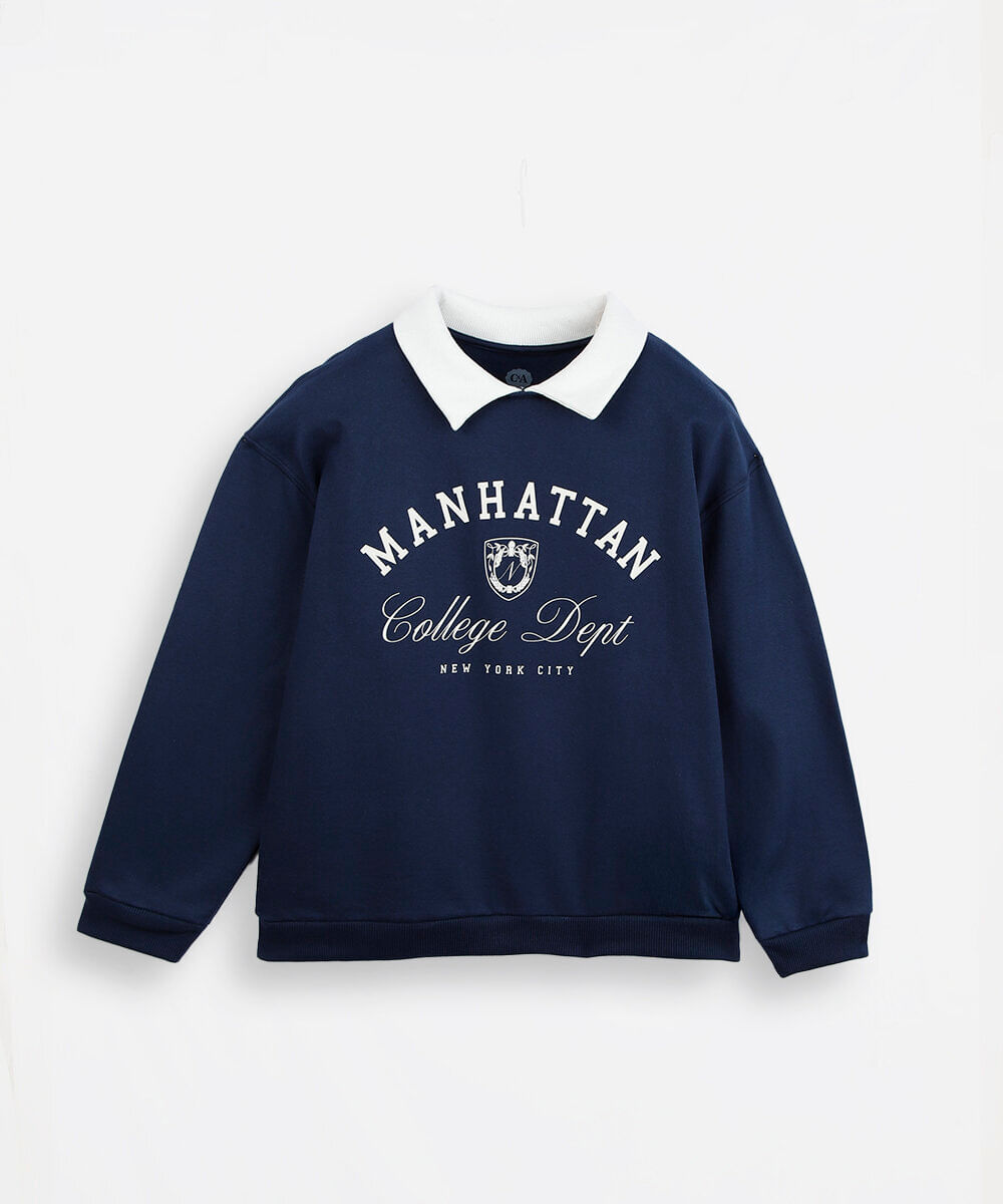 blusão juvenil de moletom com gola estampado azul
