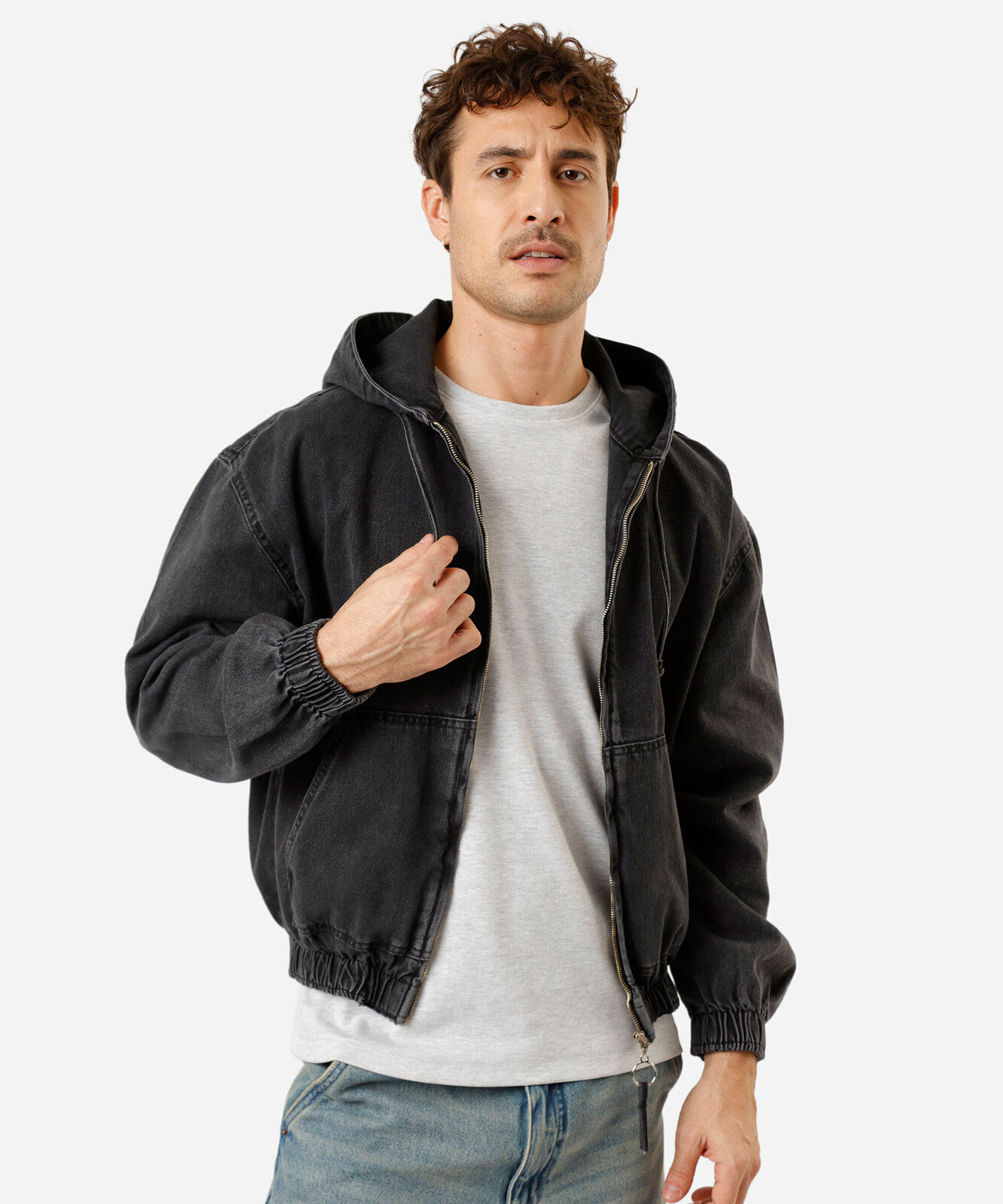 jaqueta bomber masculina jeans com capuz preta