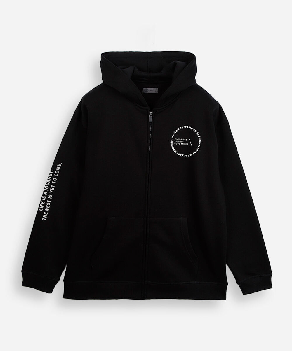 jaqueta juvenil de moletom com capuz estampado preto