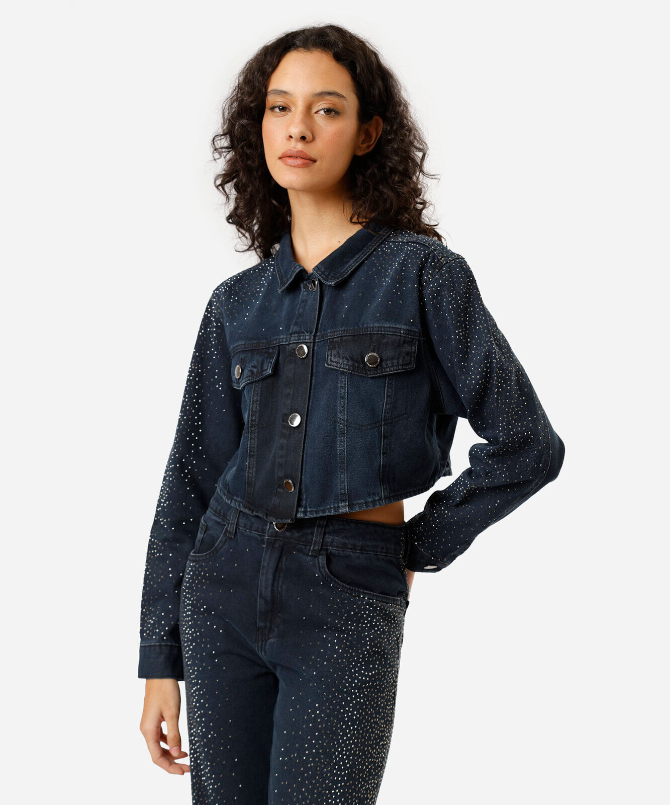 jaqueta cropped feminina jeans com brilhos azul