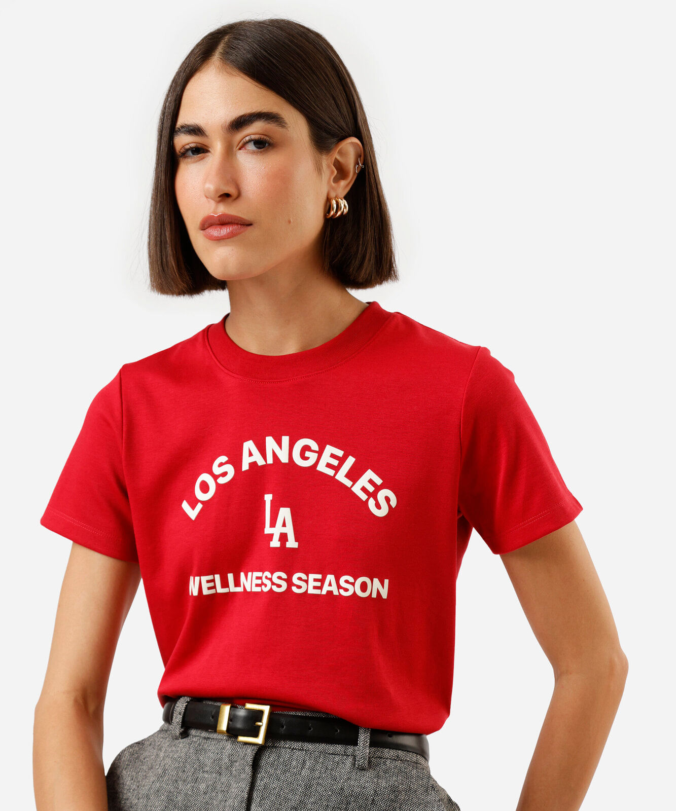 camiseta feminina de algodão peruano manga curta estampada vermelha