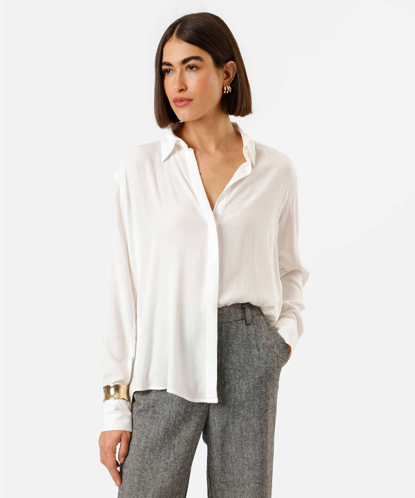 camisa feminina de viscose manga longa off white
