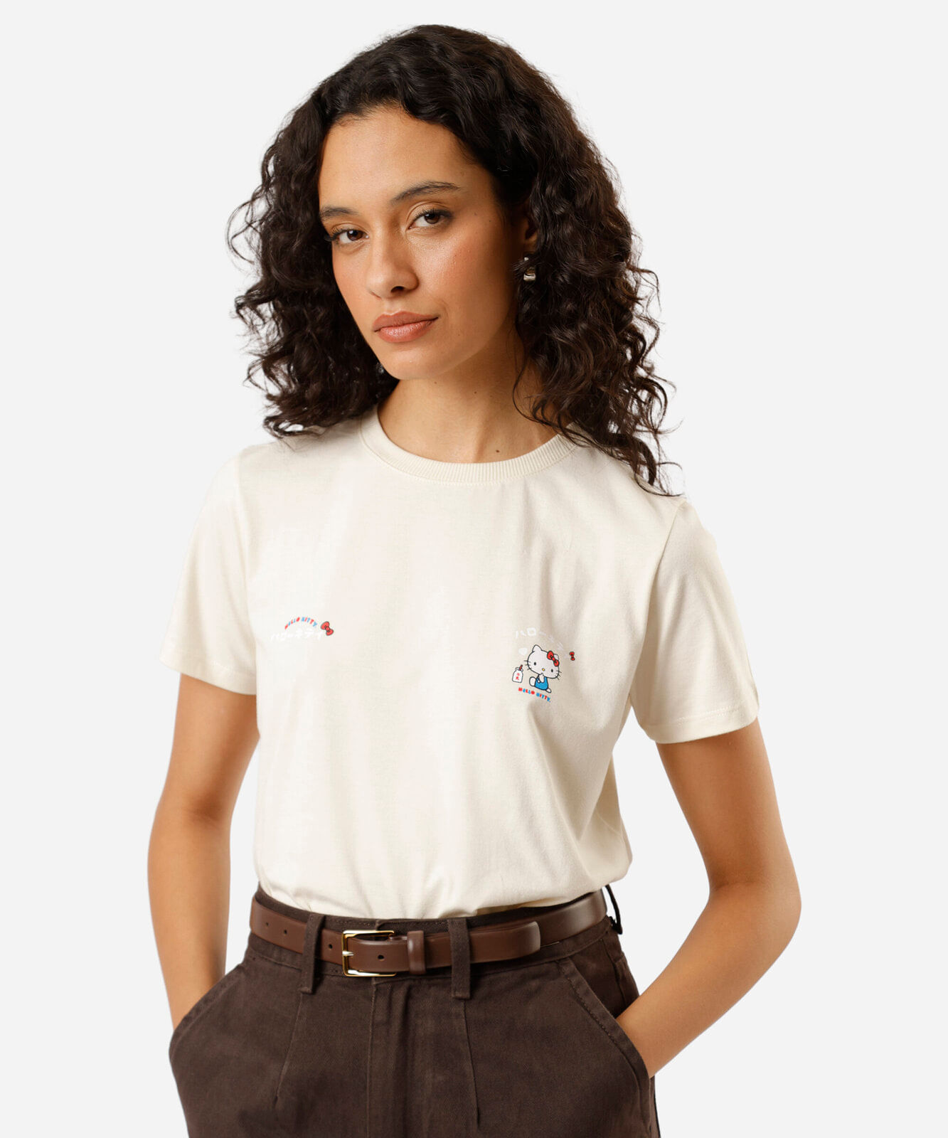 camiseta feminina de algodão hello kitty bege