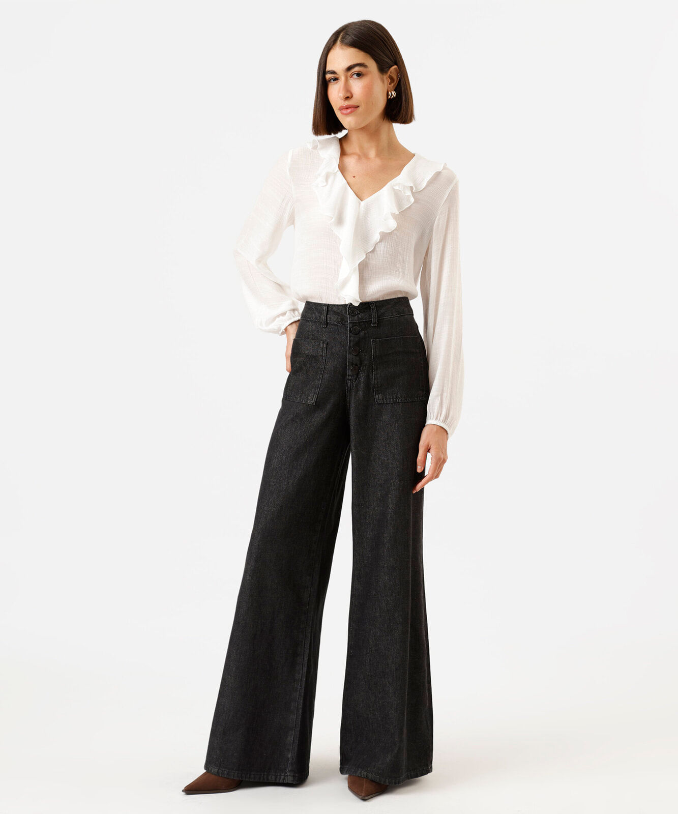 calça wide leg feminina jeans sawary preta