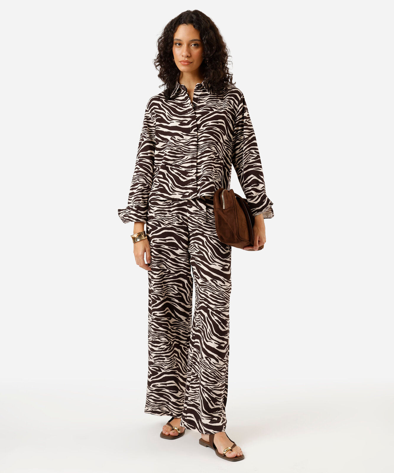 calça wide leg feminina com linho animal print bege