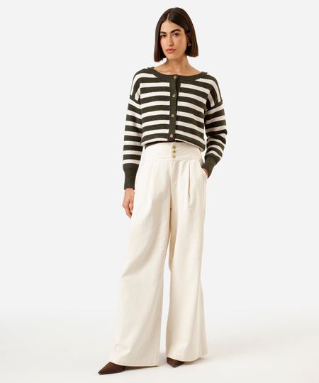 calça pantalona de sarja com pregas bege 40