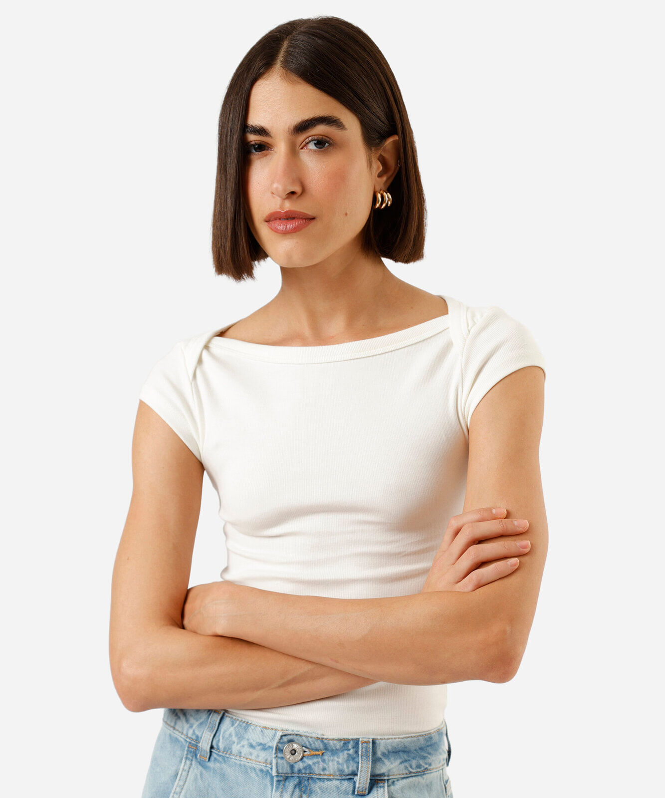 blusa feminina de algodão decote canoa canelado off white