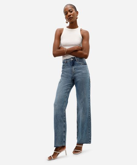 calça jeans wide leg slim cintura alta azul 36