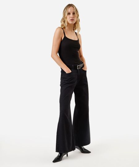 calça jeans wide leg cintura super alta preta 34