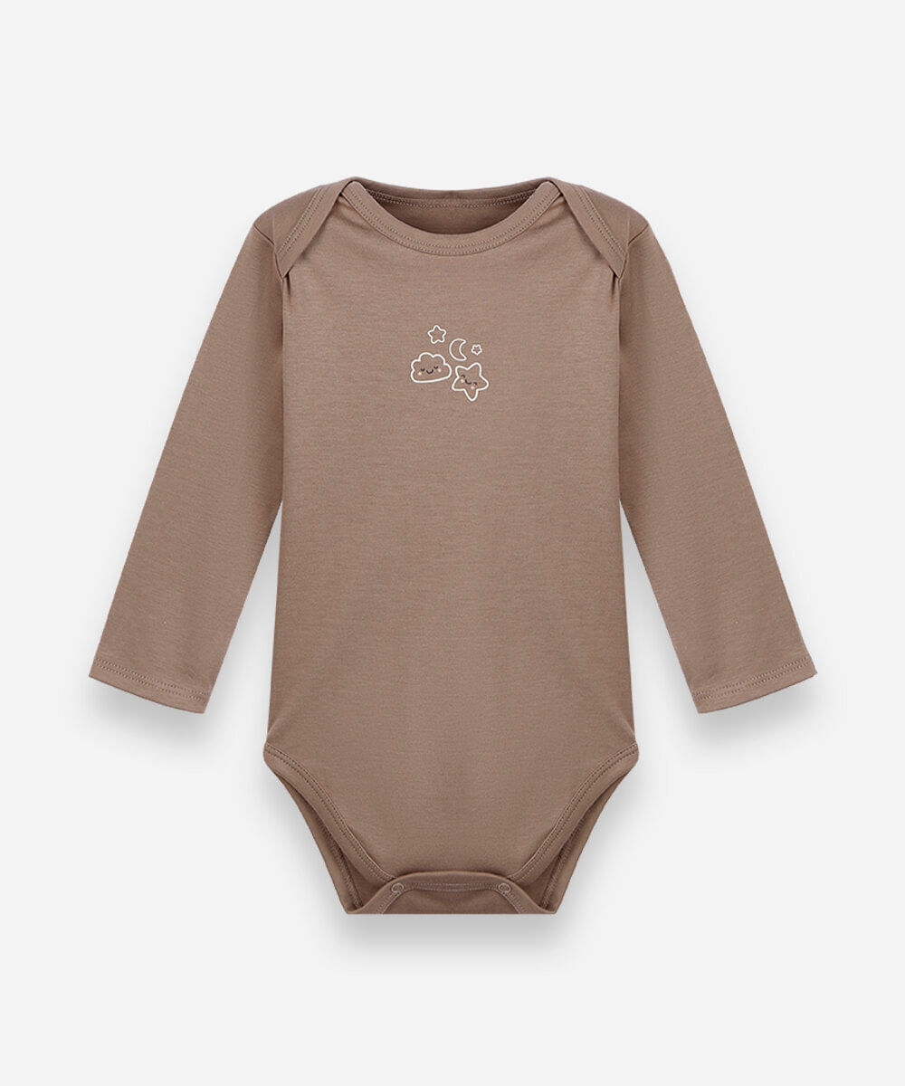body infantil de algodão peruano estampado manga longa marrom